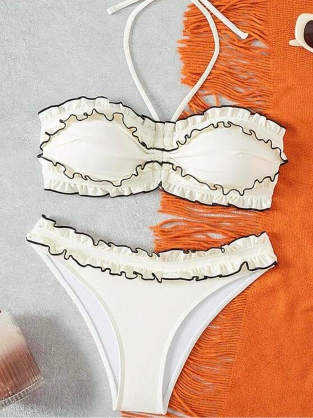 Ruffled Bandeau Bikini Set in Cream with Black Trim
